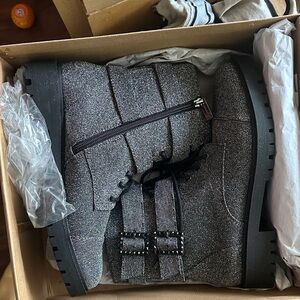 Jessica Simpson Glitter Combat Boots - Silver